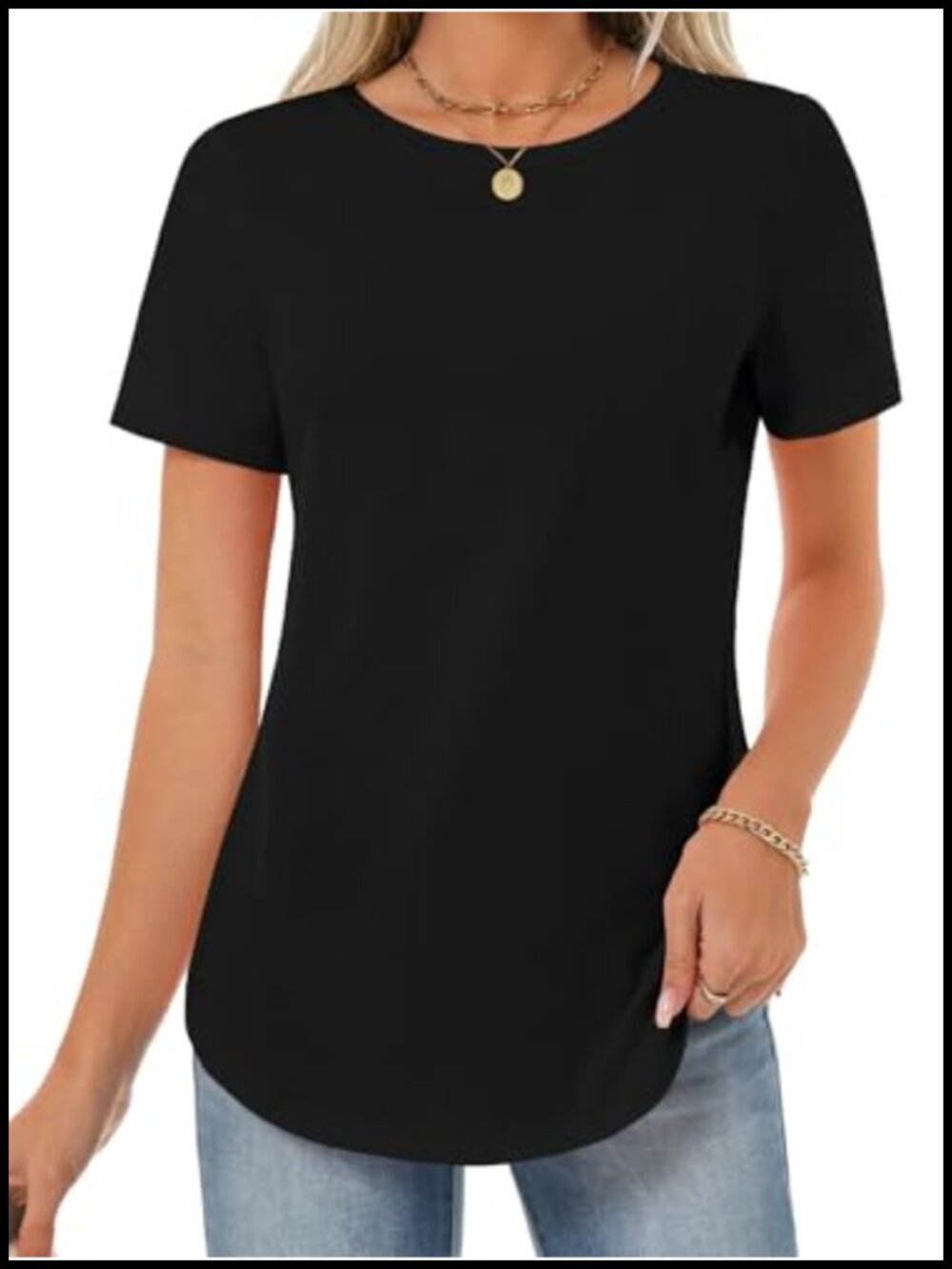 Cotton T-Shirt Short Sleeve Crewneck Tee Loose Fit Curved Hem Casual Top